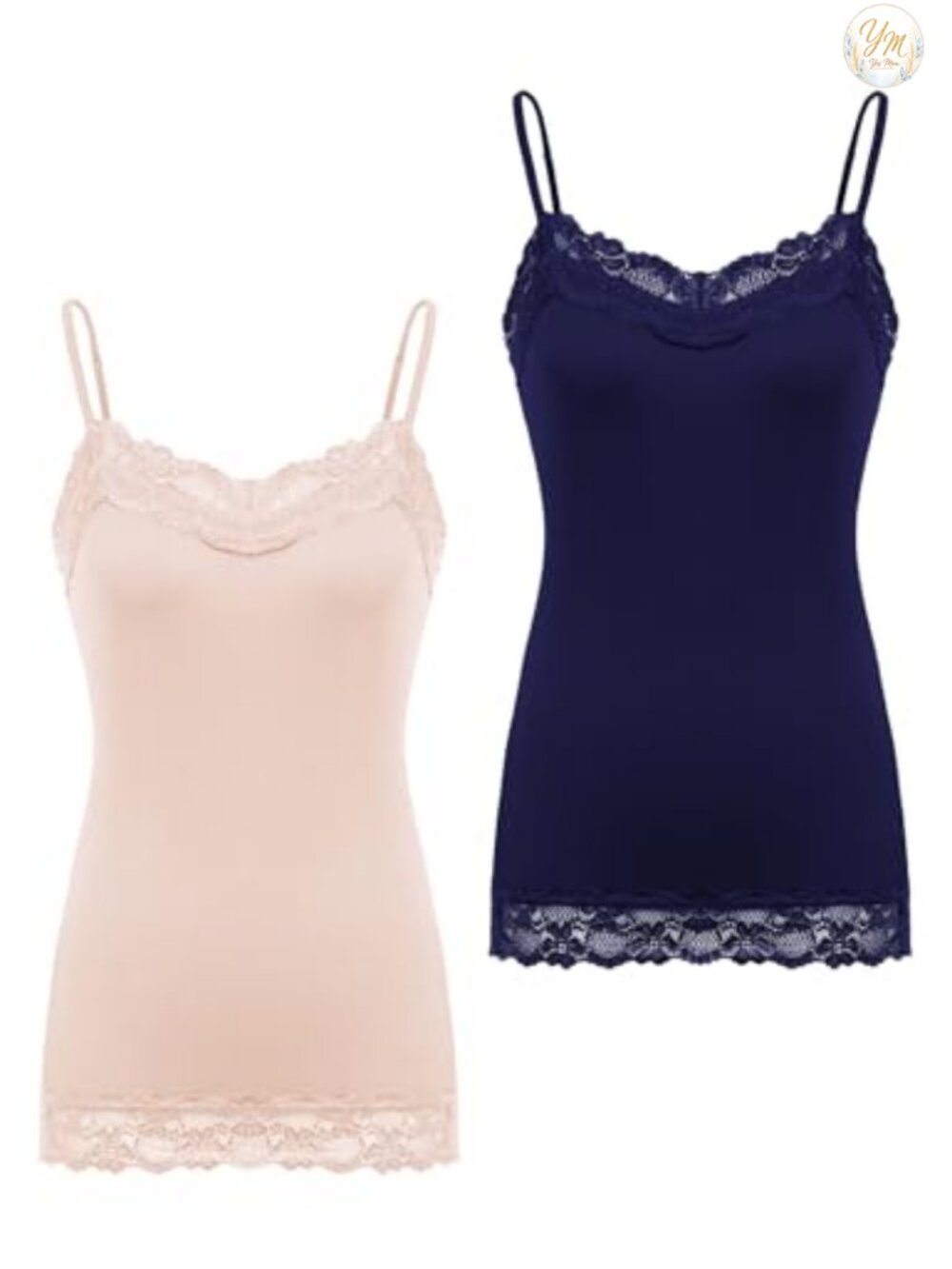 Women's Adjustable Spaghetti Strap Lace Trim Cami Tunic Tank Top 2-Pack V-Neck